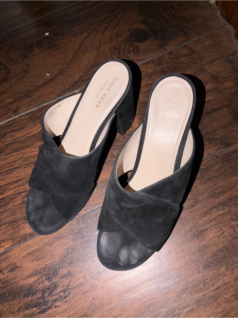 Cole Haan Black Suede Open-Toe Block Heel Mules
